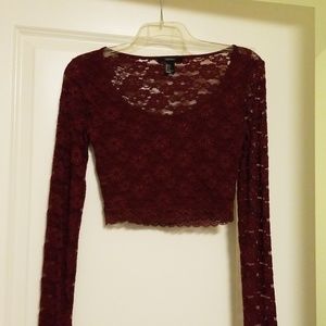 Burgundy Long Sleeve Lace Crop Top
